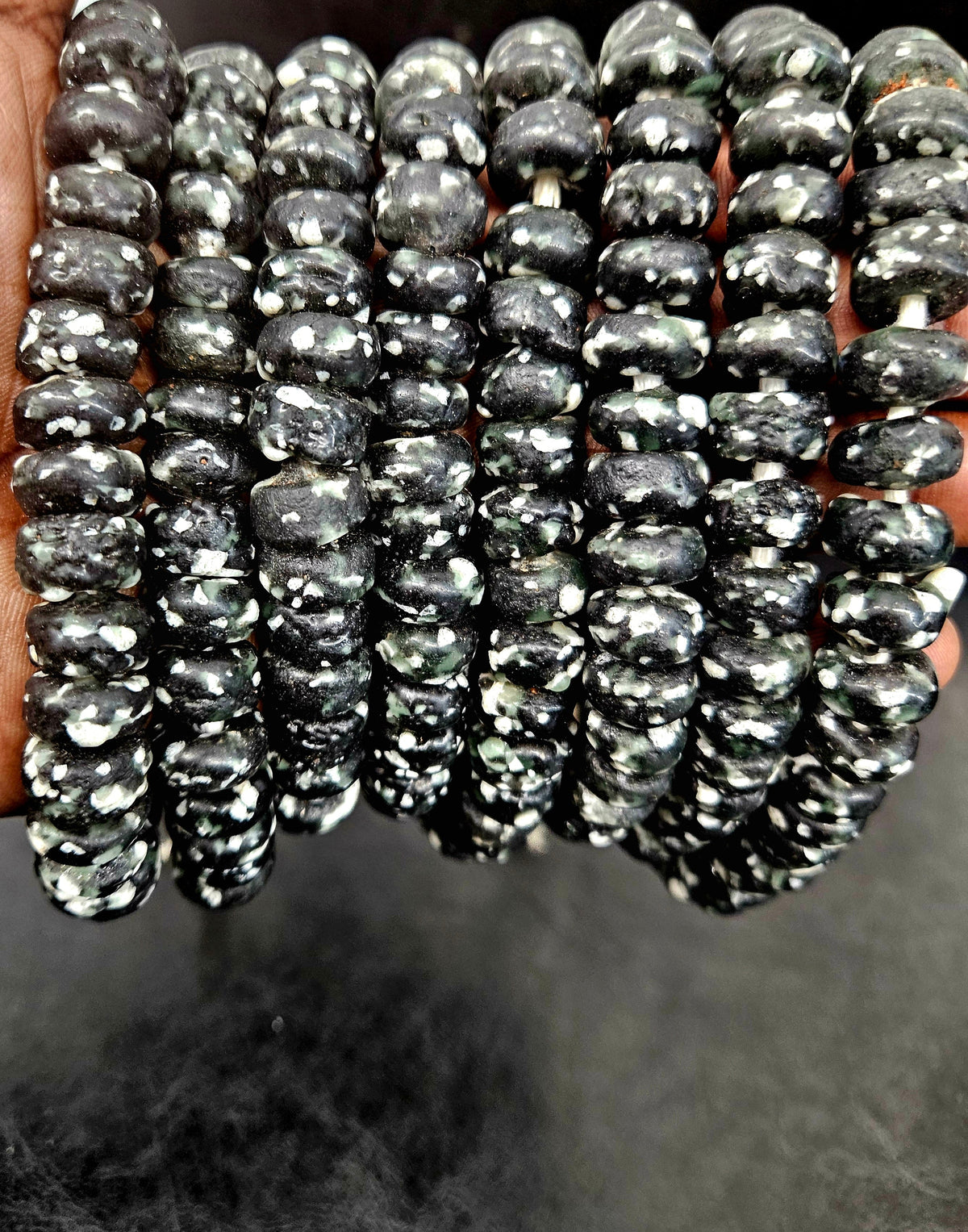 Black Speckled Krobo Powdered Glass Short Tube Beads | 7–9 × 13–14mm | Ghana | Approx. 32–33 Beads
