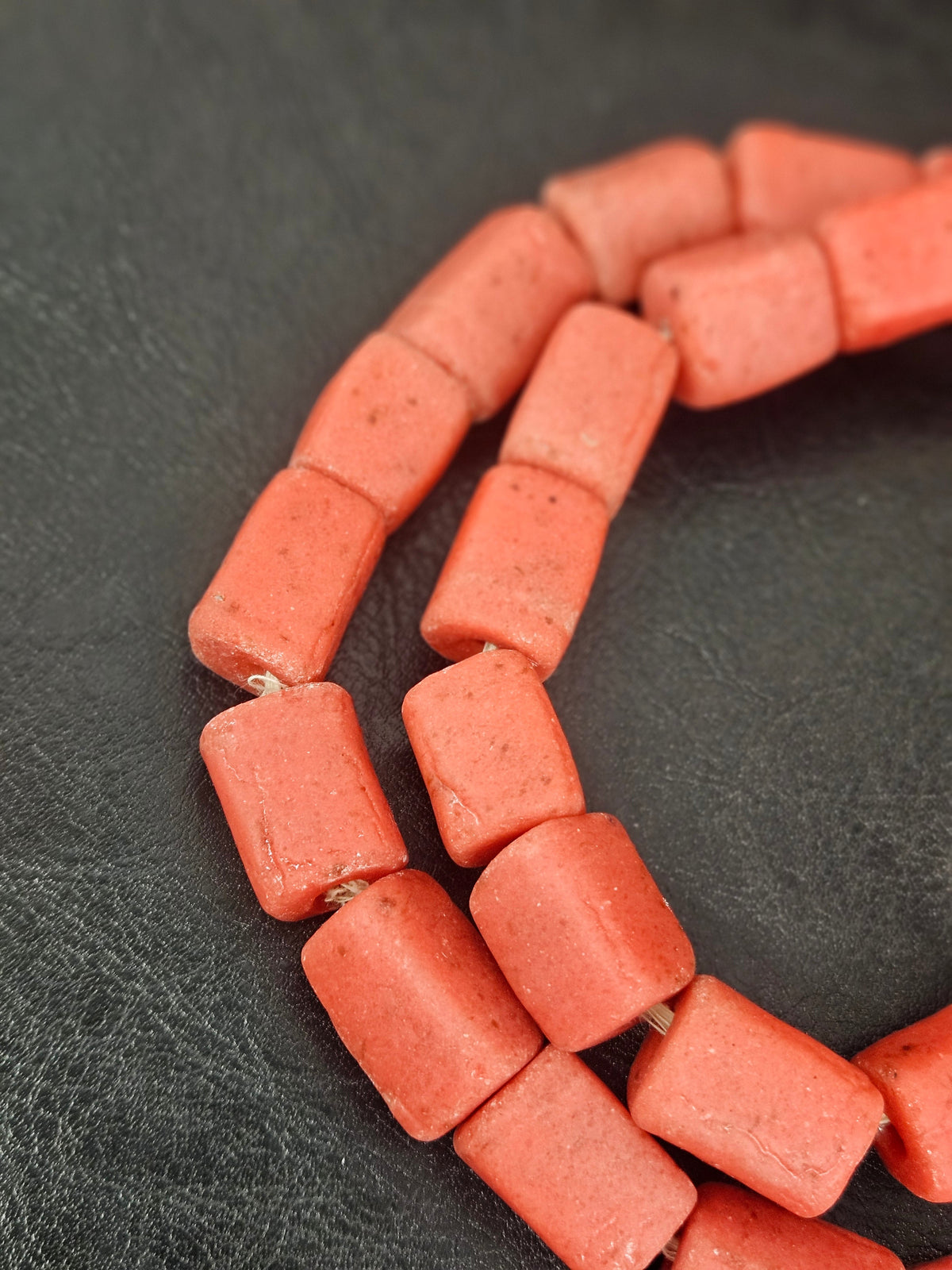 Coral Terracotta Cube Tube Krobo Powdered Glass Beads | Handmade Recycled Glass Beads from Ghana | 30–32 Beads per Strand