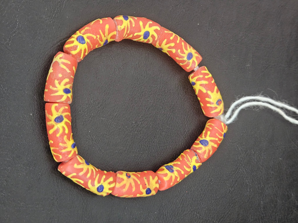 Painted Krobo Glass Tube Beads | Coral Orange Recycled Glass Tube Beads | Handmade in Ghana | 13–14×26–30mm