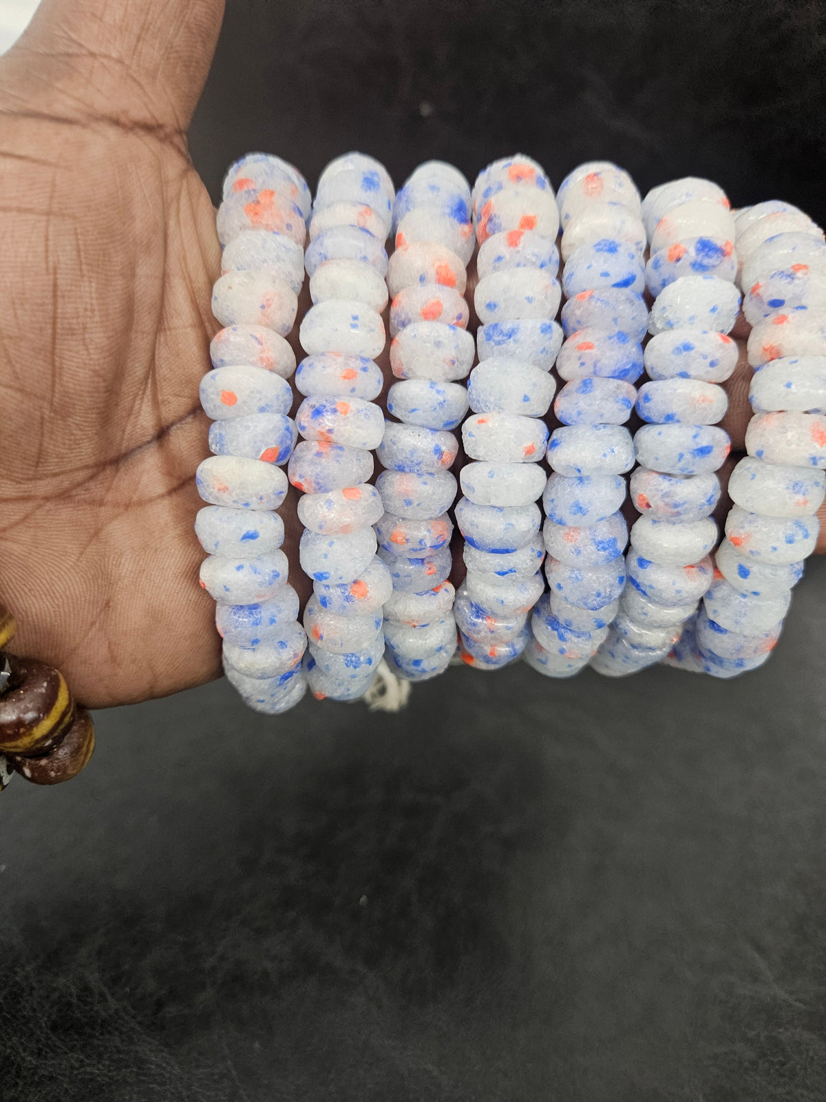 White Blue & Coral Speckled Krobo Powder Glass Beads – African Recycled Glass Short Tube Beads for Jewelry Making