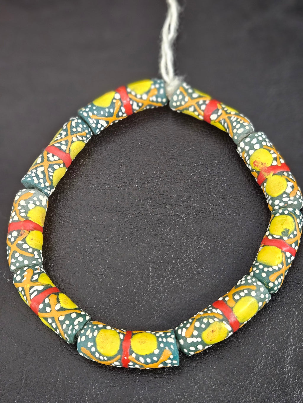 Olive Green Krobo Painted Glass Tube Beads with Golden Yellow Medallions & Terracotta Geometric Motifs